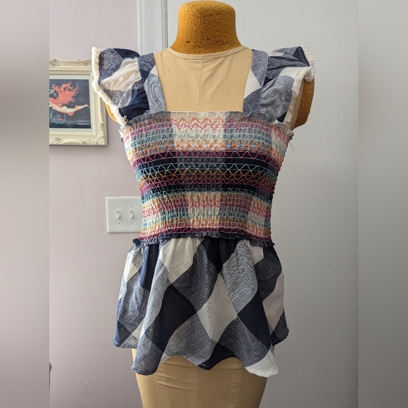 Women's Plaid Ruffle Tank Smocked Gingham Cotton Blend size XS - Picture 1 of 7